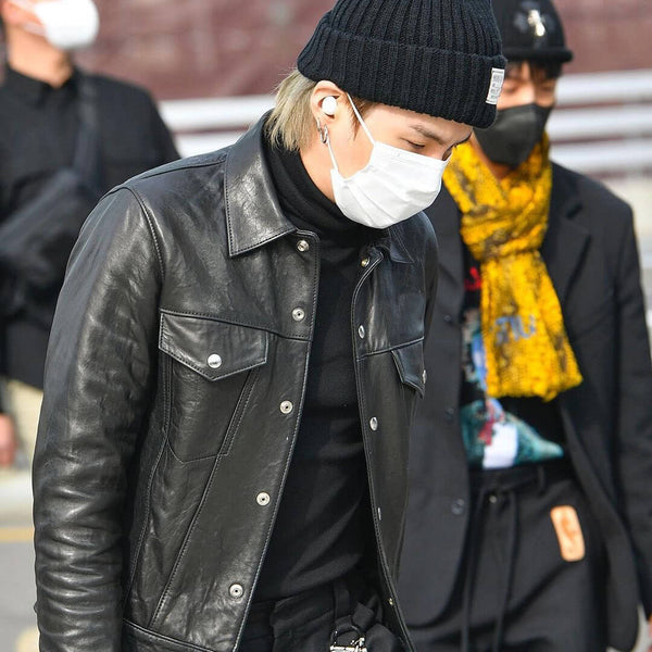 BTS Airport Fashion Suga Black Trucker Leather Jacket