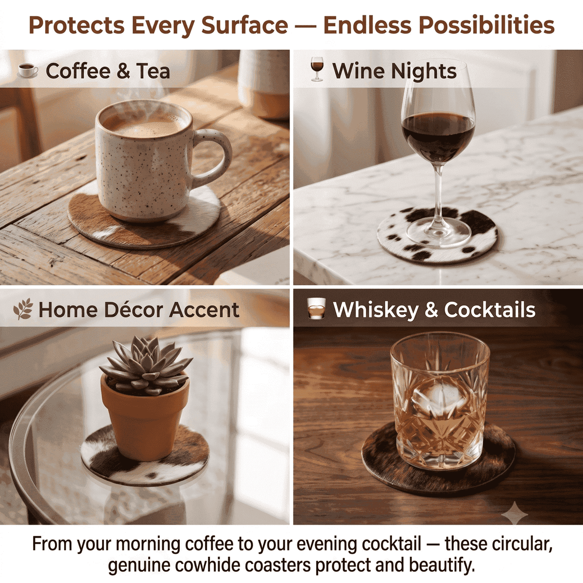 Hair-On Cowhide Round Coasters 4 Inch Set of 12, showing tabletop surface protection