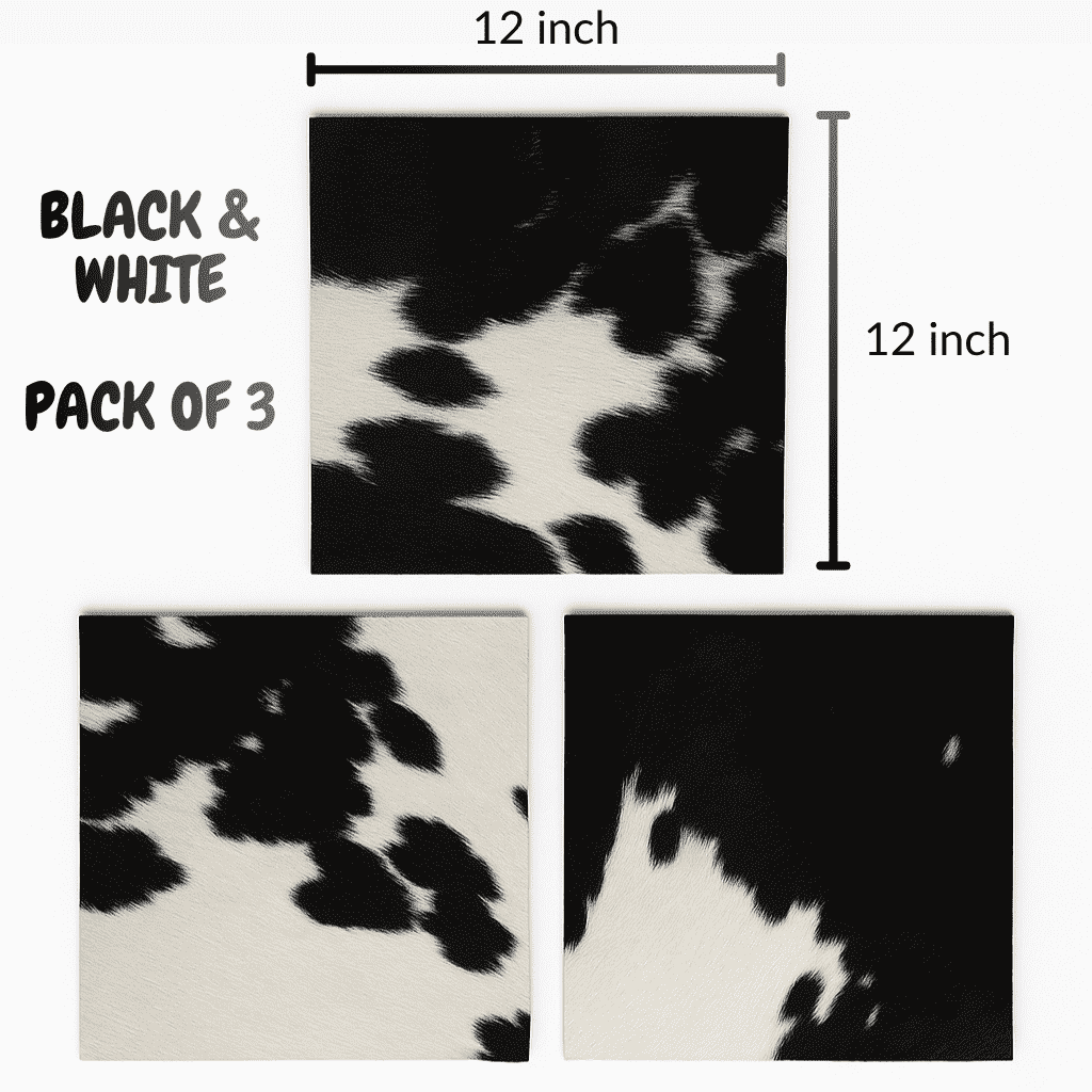 Black & White Hair-On Cowhide Sheets 12x12 (3 Pk), showing dimensions and size guide