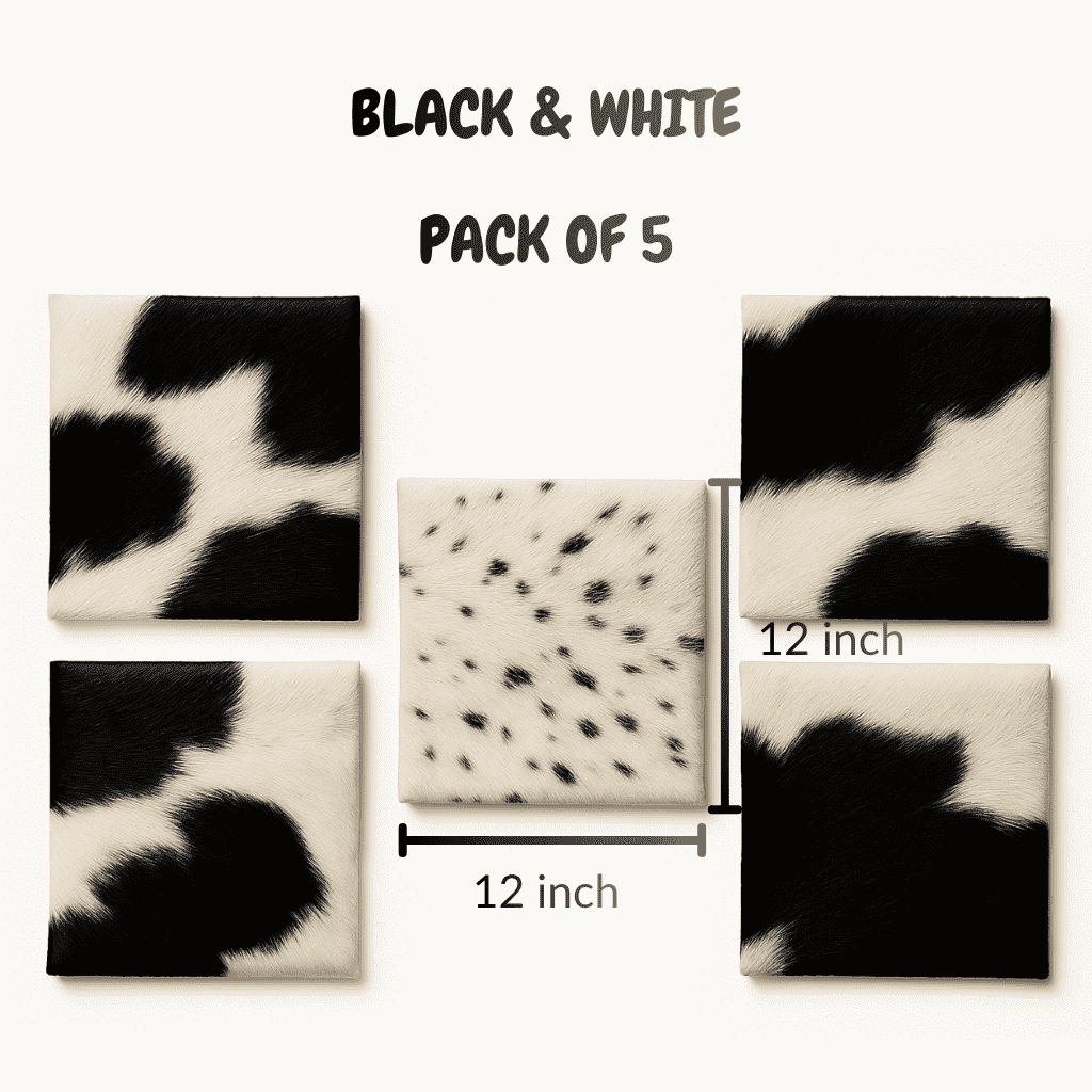 Black & White Hair-On Cowhide Sheets 12x12 Pack of 5, showing 12x12 dimensions and sizing
