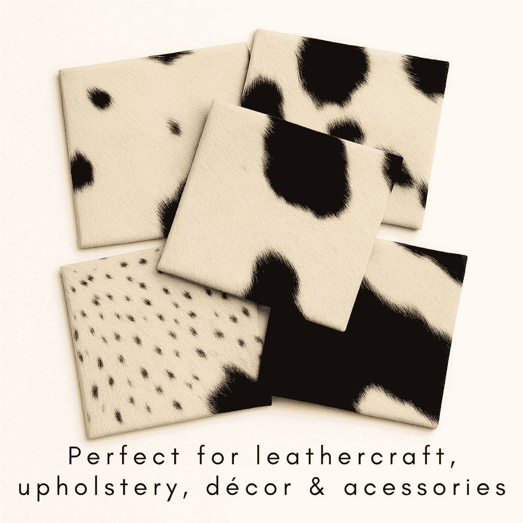 Black & White Hair-On Cowhide Sheets 12x12 Pack of 5, showing craft pieces for bags and decor