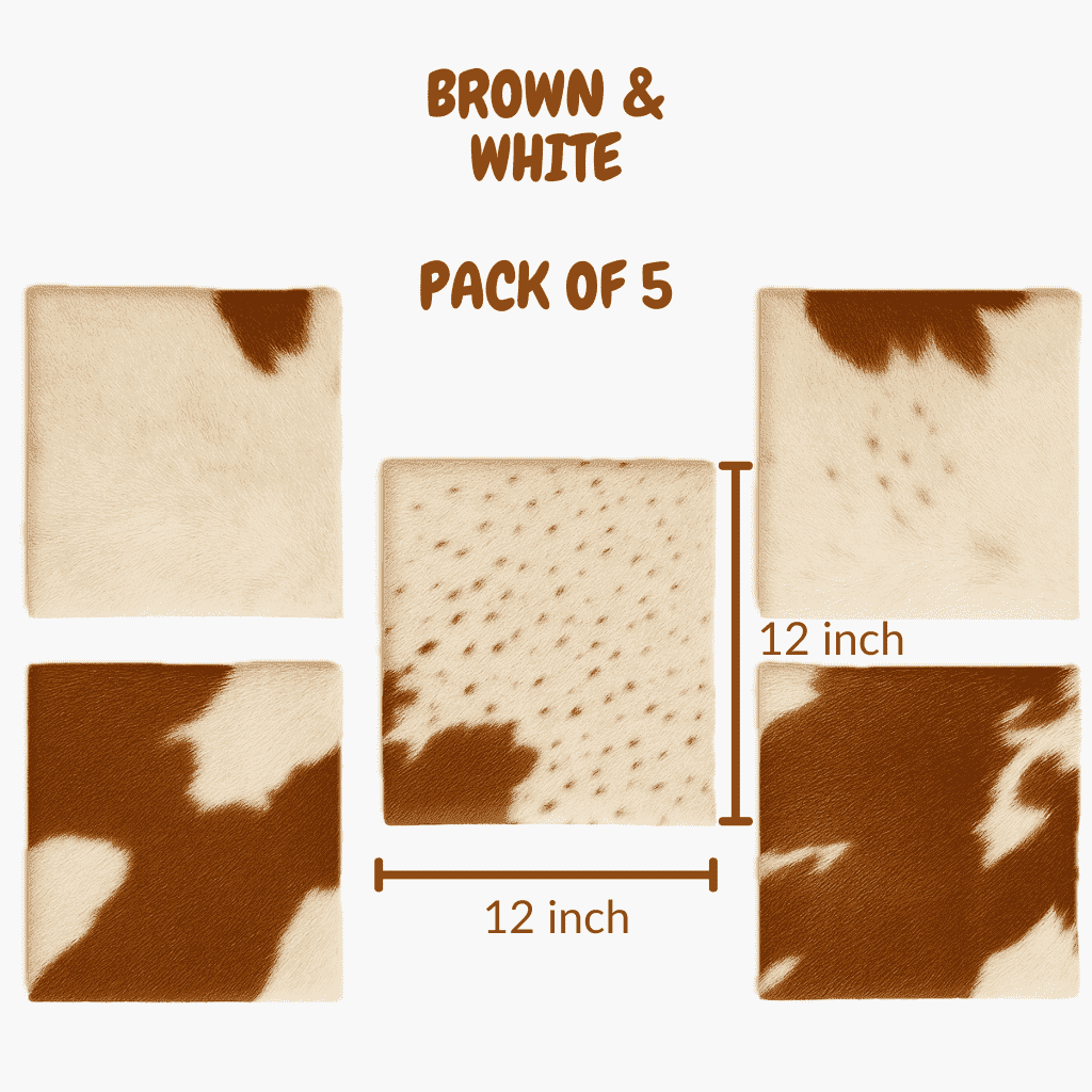 Brown & White Hair-On Cowhide Sheets 12x12 Pack of 5, showing 12x12 dimensions and sizing
