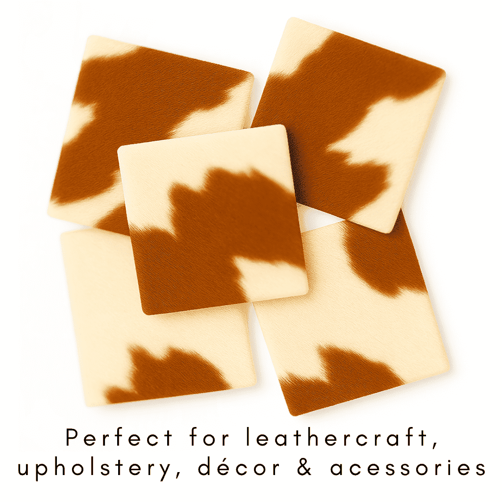 Brown & White Hair-On Cowhide Sheets 12x12 Pack of 5, showing craft swatches from same hide