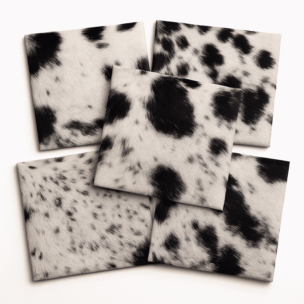 Black & White Hair-On Cowhide Sheets 12x12 Pack of 5, showing 5-pack flat lay assortment
