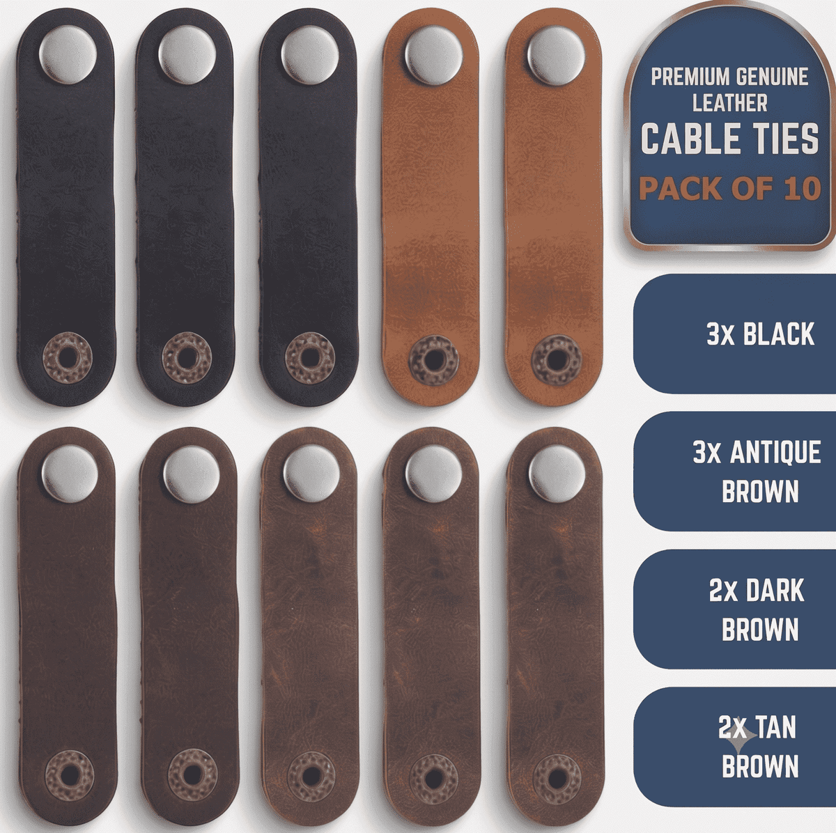 Leather Cable Ties 10-Pack, showing 10-pack packaging overview