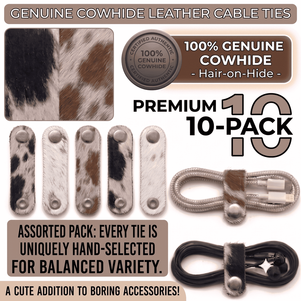 Genuine Cowhide Cord Organizer Pack of 10, showing 10-pack bundle packaging