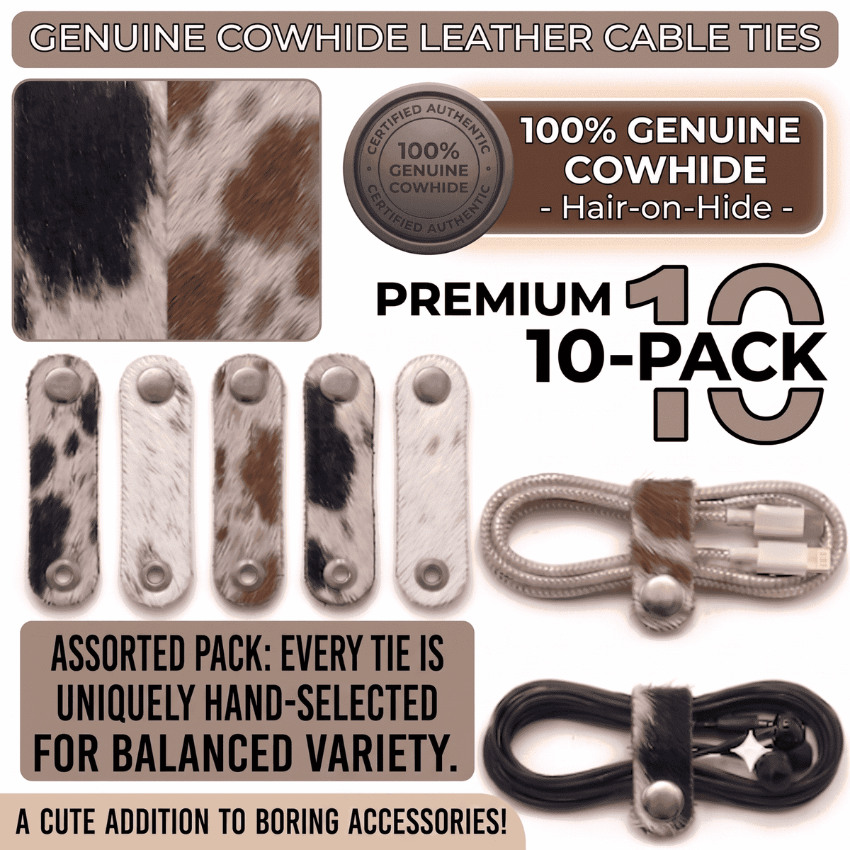 Genuine Cowhide Cord Organizer Pack of 10, showing 10-pack bundle packaging