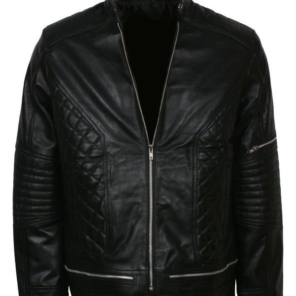 Men's Biker Black Real Leather Quilted Moto Jacket