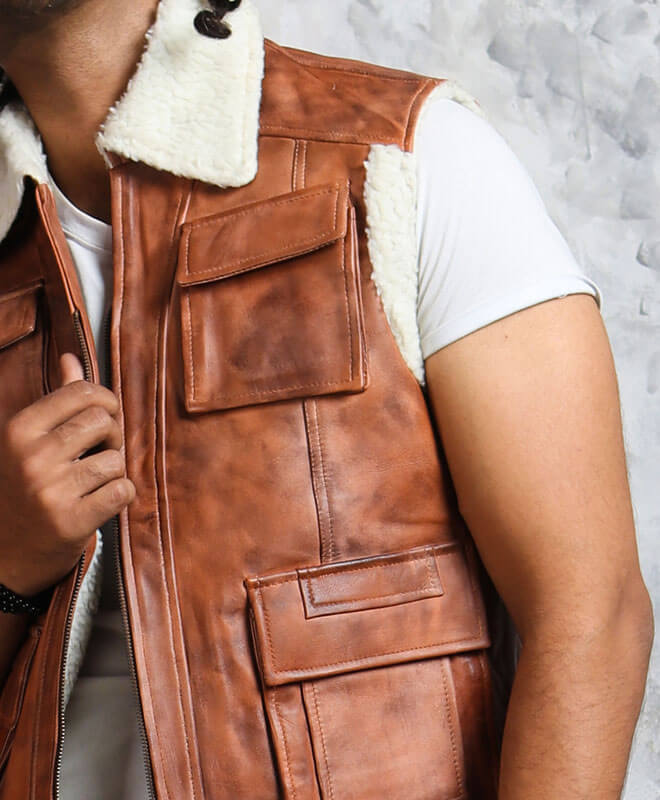 Brown Winter Leather Vest With Fur Lining