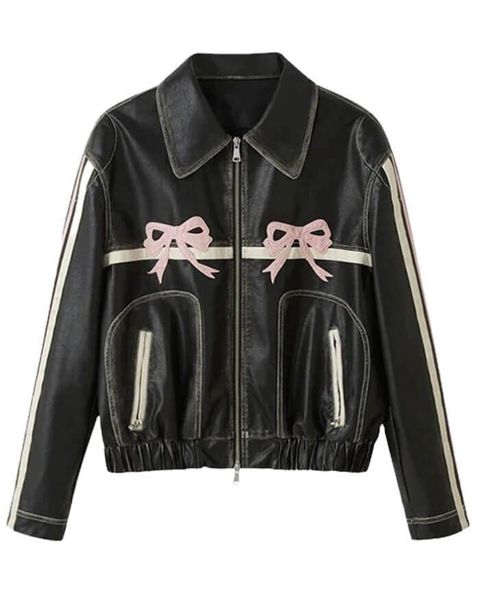 Pink Bow Black Leather Jacket