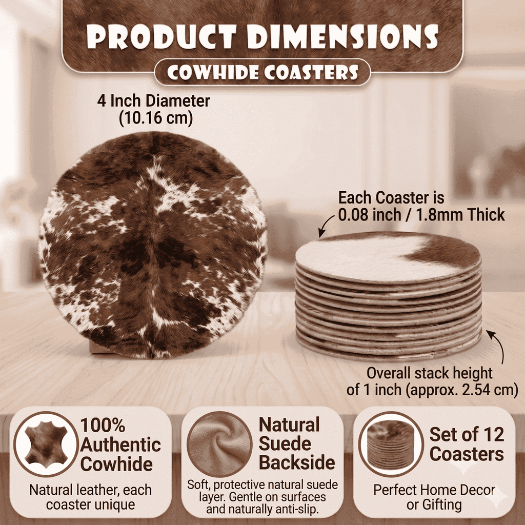Hair-On Cowhide Round Coasters 4 Inch Set of 12, showing 4-inch diameter dimensions