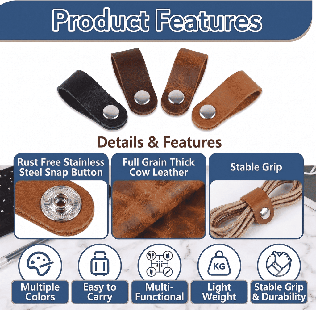 Leather Cable Ties 10-Pack, showing snap hardware and strap features