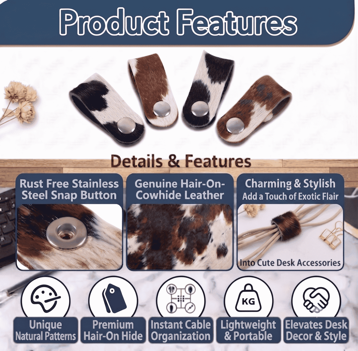 Genuine Cowhide Cord Organizer Pack of 10, showing stainless steel snap features