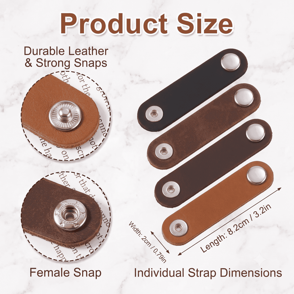 Leather Cable Ties 10-Pack, showing dimensions and size guide