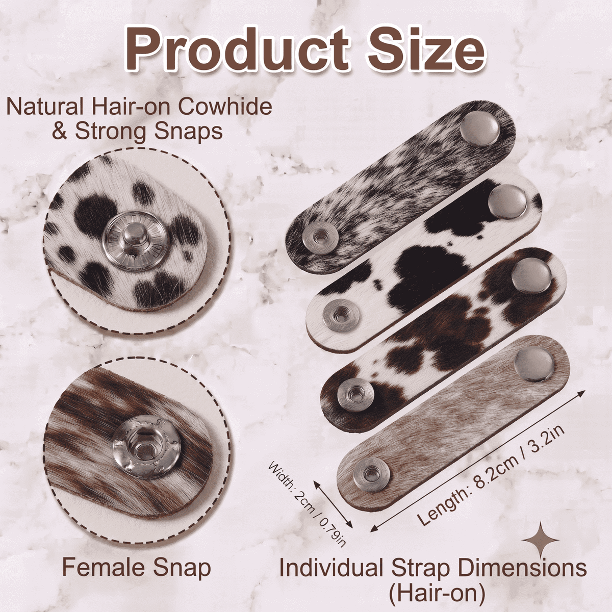 Genuine Cowhide Cord Organizer Pack of 10, showing dimensions and length guide