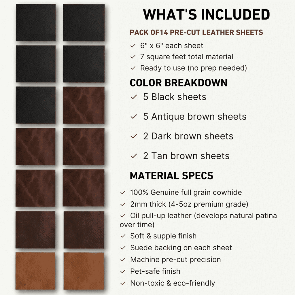 Crazy Horse Leather Squares 6x6 14-Pack, showing product specification sheet