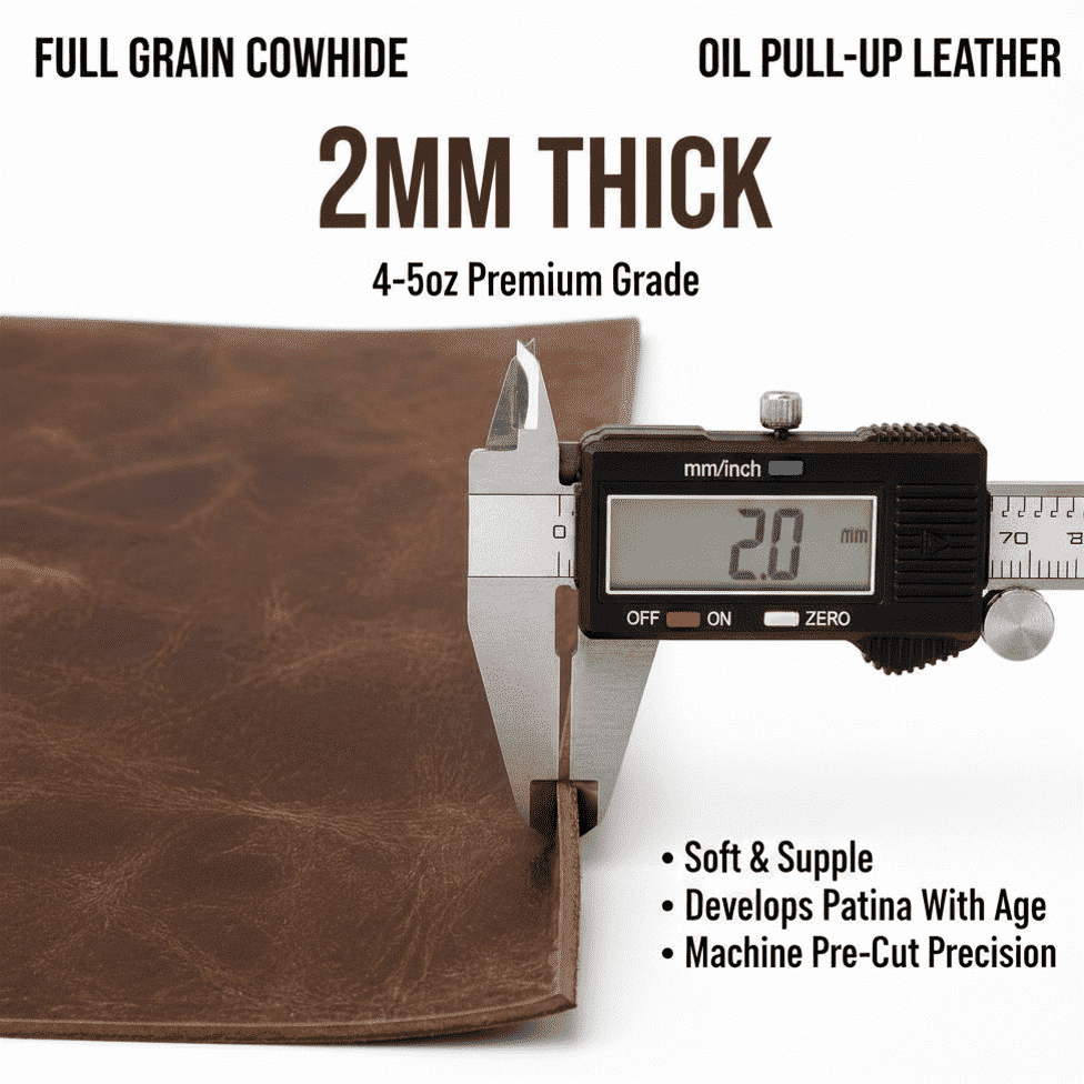 Crazy Horse Leather Squares 6x6 14-Pack, showing 2.0-2.4mm thickness gauge