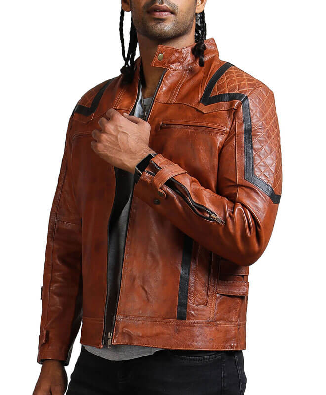 Vintage Black Stripes Brown Biker Jacket