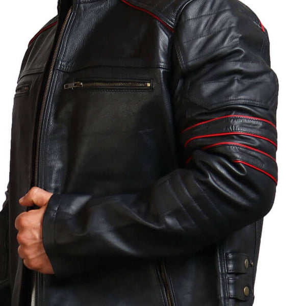 Quilted Shoulder Black Biker Leather Jacket
