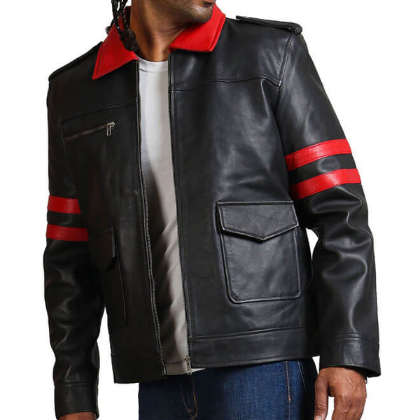Red Collar Black Leather Jacket