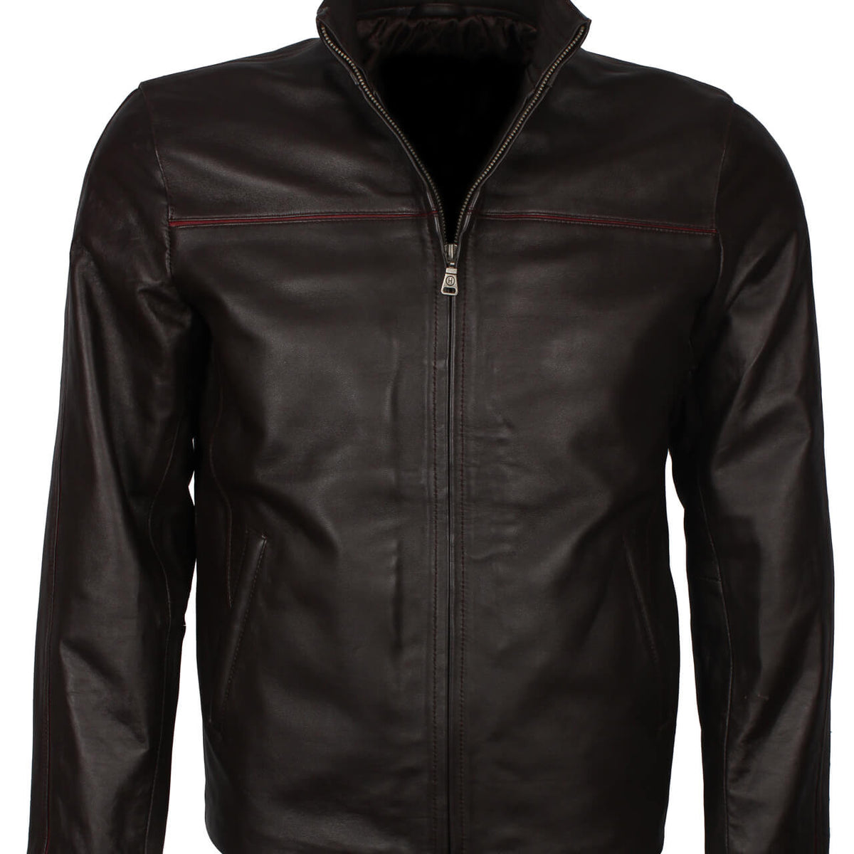 Dark Brown Leather Jacket with Red Stripe