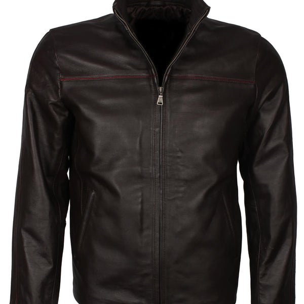 Dark Brown Leather Jacket with Red Stripe