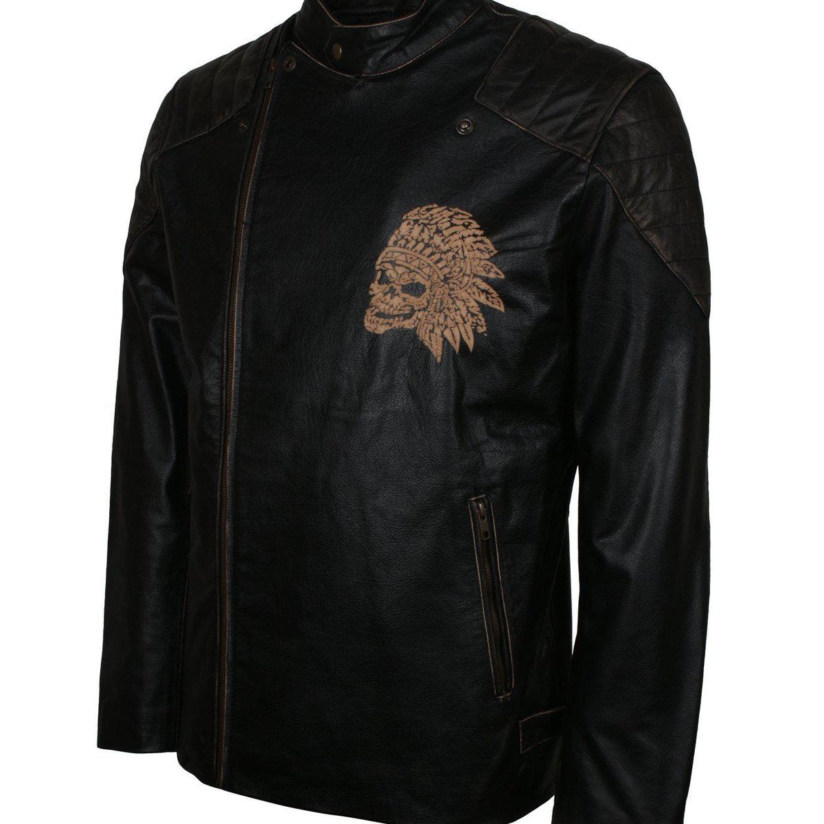 Men's Black Red Indian Skull Real Leather Biker Jacket