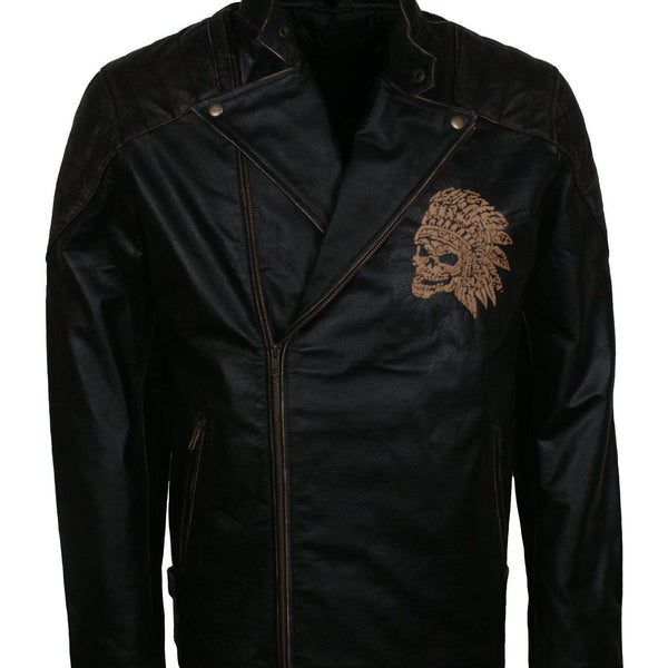 Men's Black Red Indian Skull Real Leather Biker Jacket