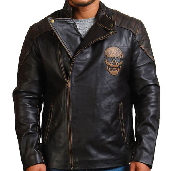 Embossed Skull Biker Leather Jacket
