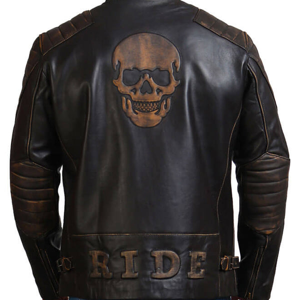 Embossed Skull Biker Leather Jacket