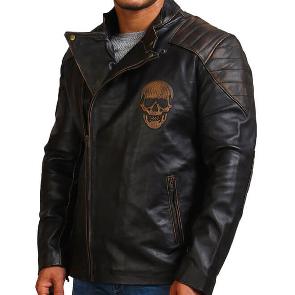 Embossed Skull Biker Leather Jacket