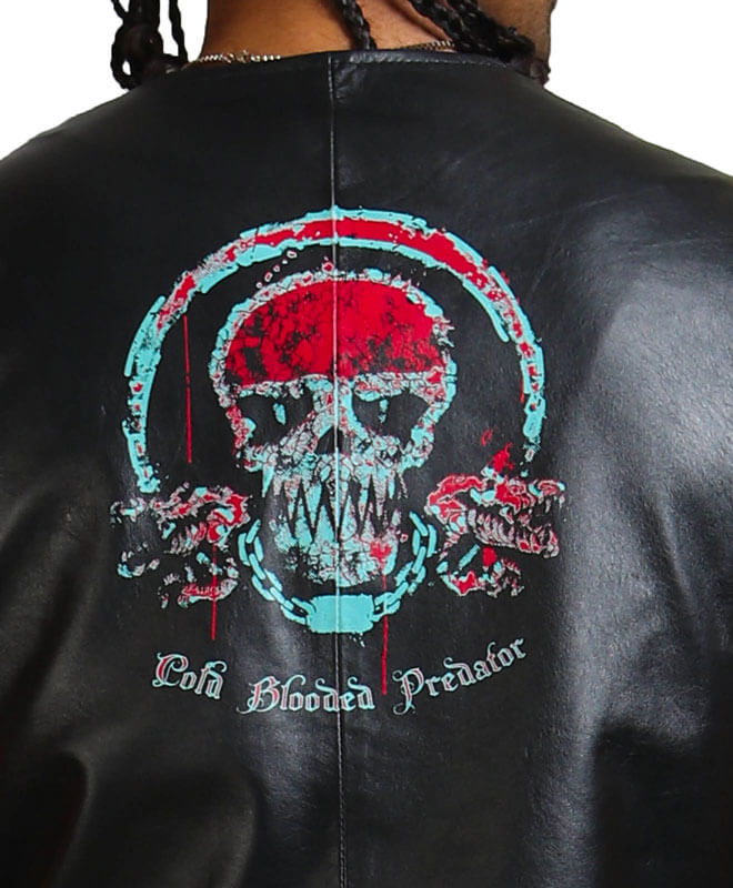 Skull Print Black Leather Vest