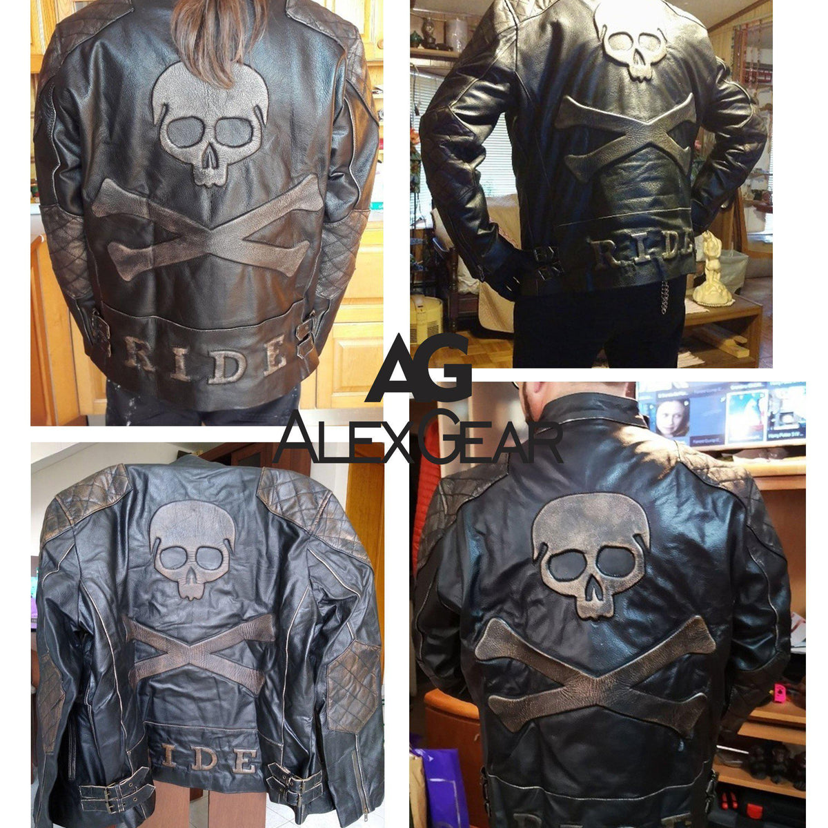 Men's Skull Crossbones Genuine Leather Motorcycle Jacket