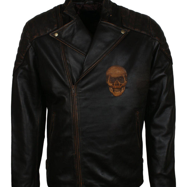 Men's Black Skull Embossed Ride Genuine Leather Biker Jacket
