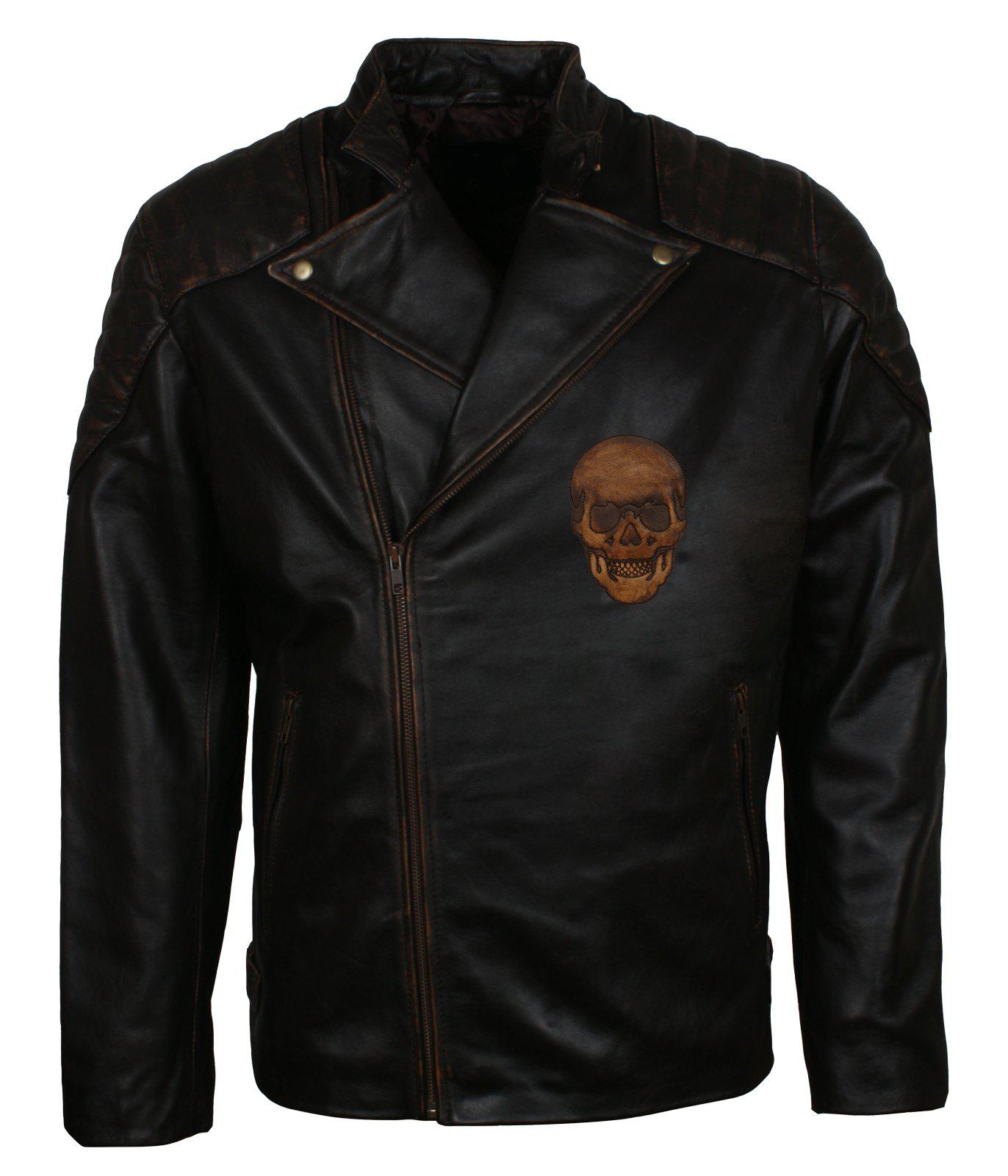 Men's Black Skull Embossed Ride Genuine Leather Biker Jacket
