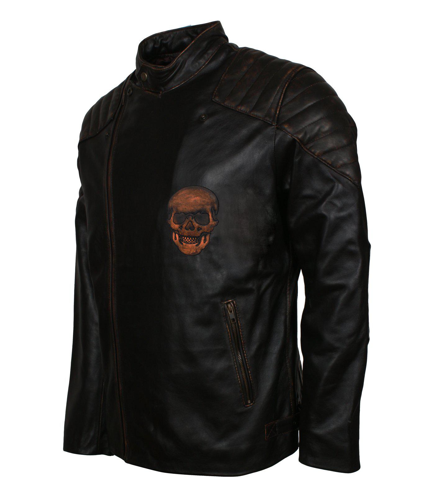 Men's Black Skull Embossed Ride Genuine Leather Biker Jacket