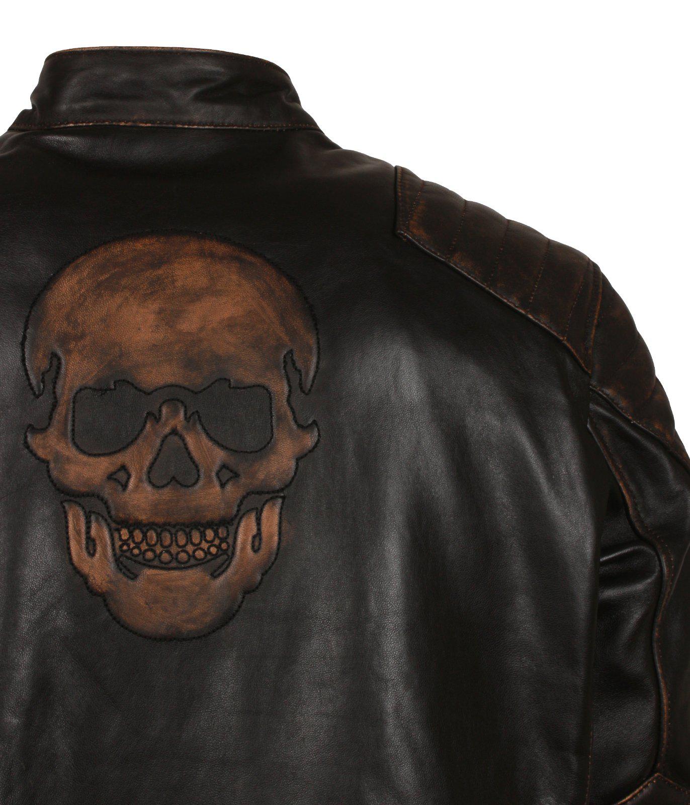 Men's Black Skull Embossed Ride Genuine Leather Biker Jacket