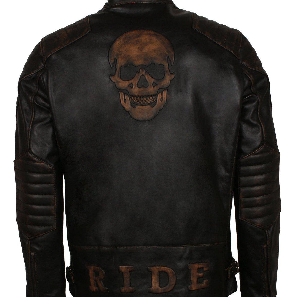 Men's Black Skull Embossed Ride Genuine Leather Biker Jacket