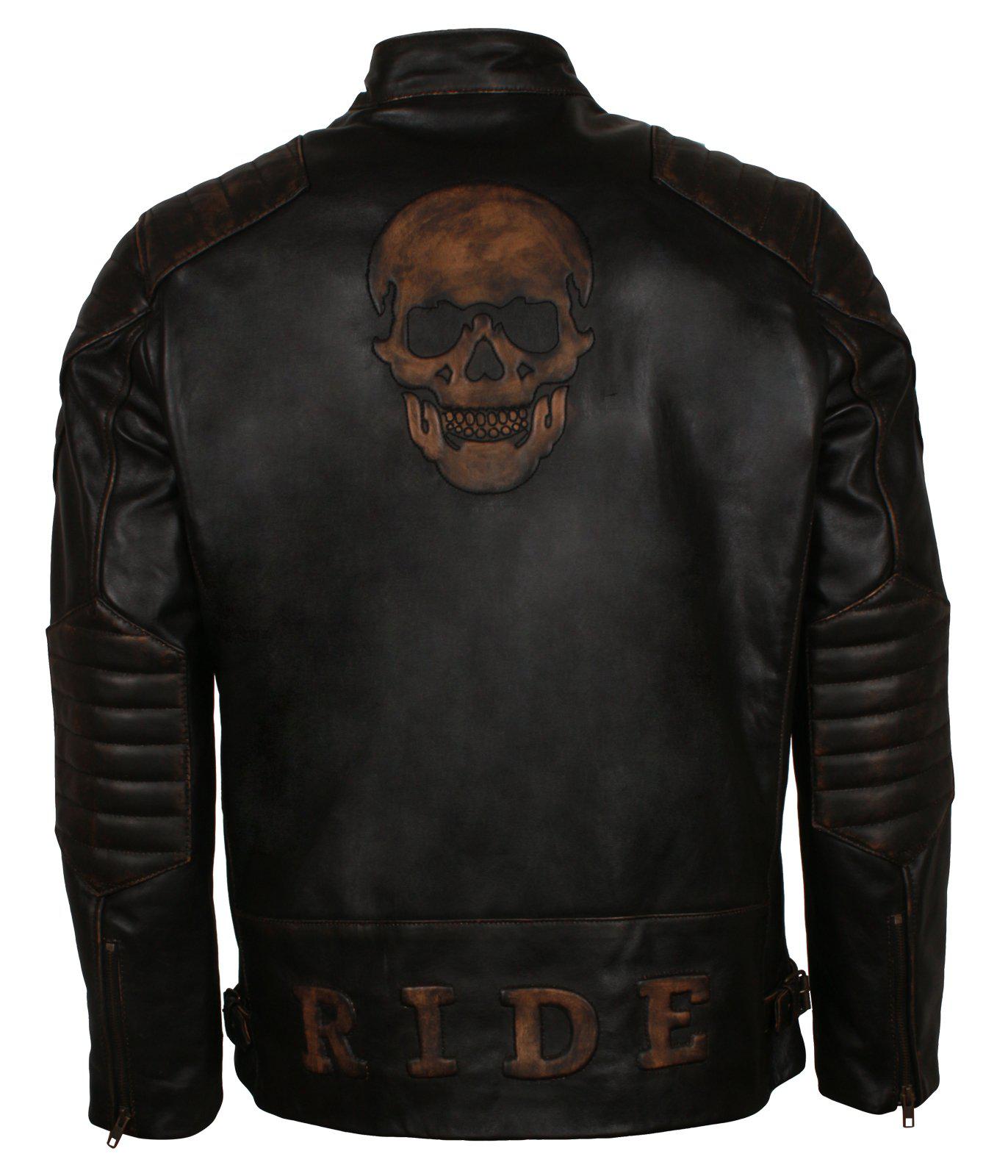 Men's Black Skull Embossed Ride Genuine Leather Biker Jacket