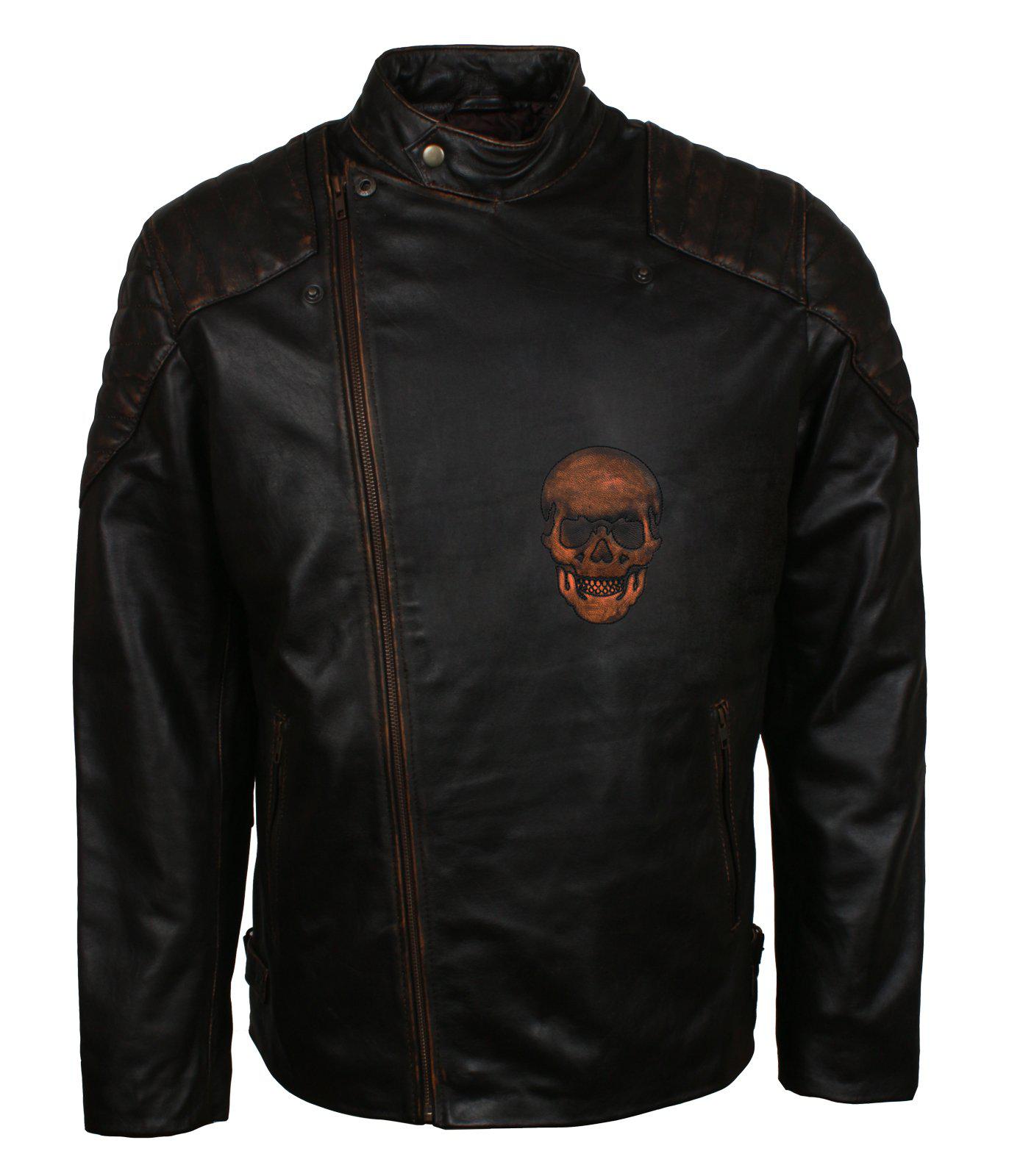 Men's Black Skull Embossed Ride Genuine Leather Biker Jacket