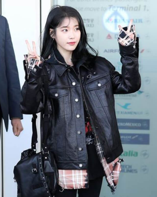 K-pop IU Black Oversized Trucker Leather Jacket