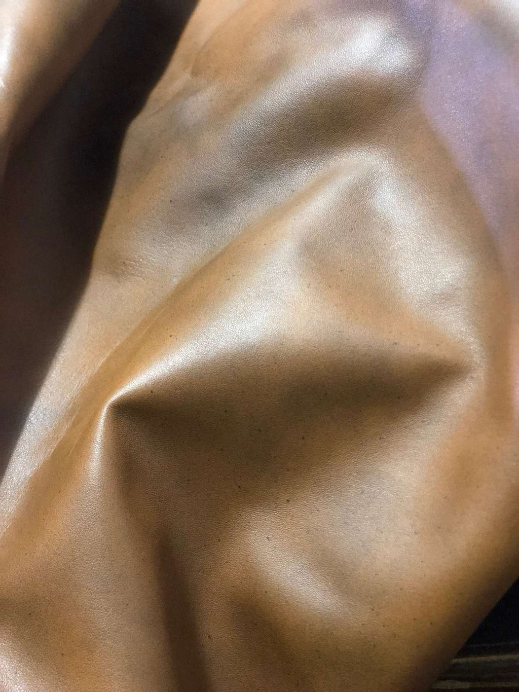 Tan Distressed Crazy Horse Sheepskin Leather Hide, showing warm cognac undertones