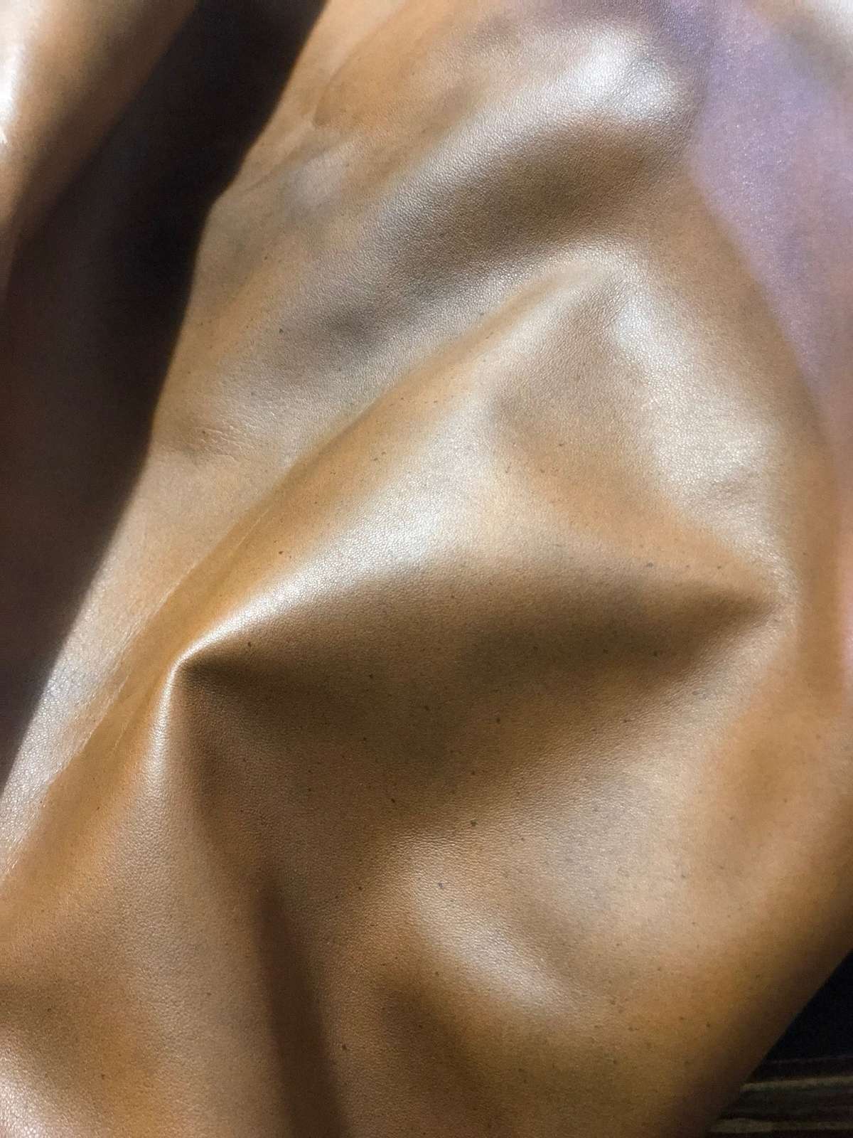 Tan Distressed Crazy Horse Sheepskin Leather Hide, showing warm cognac undertones