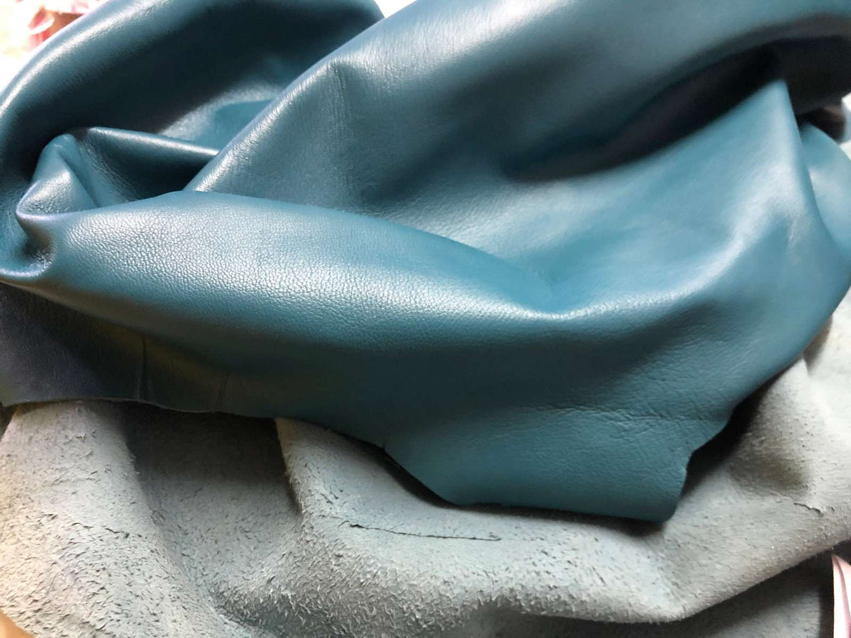 Teal Nappa Sheepskin Leather Hide AA Grade, showing edge and grain profile