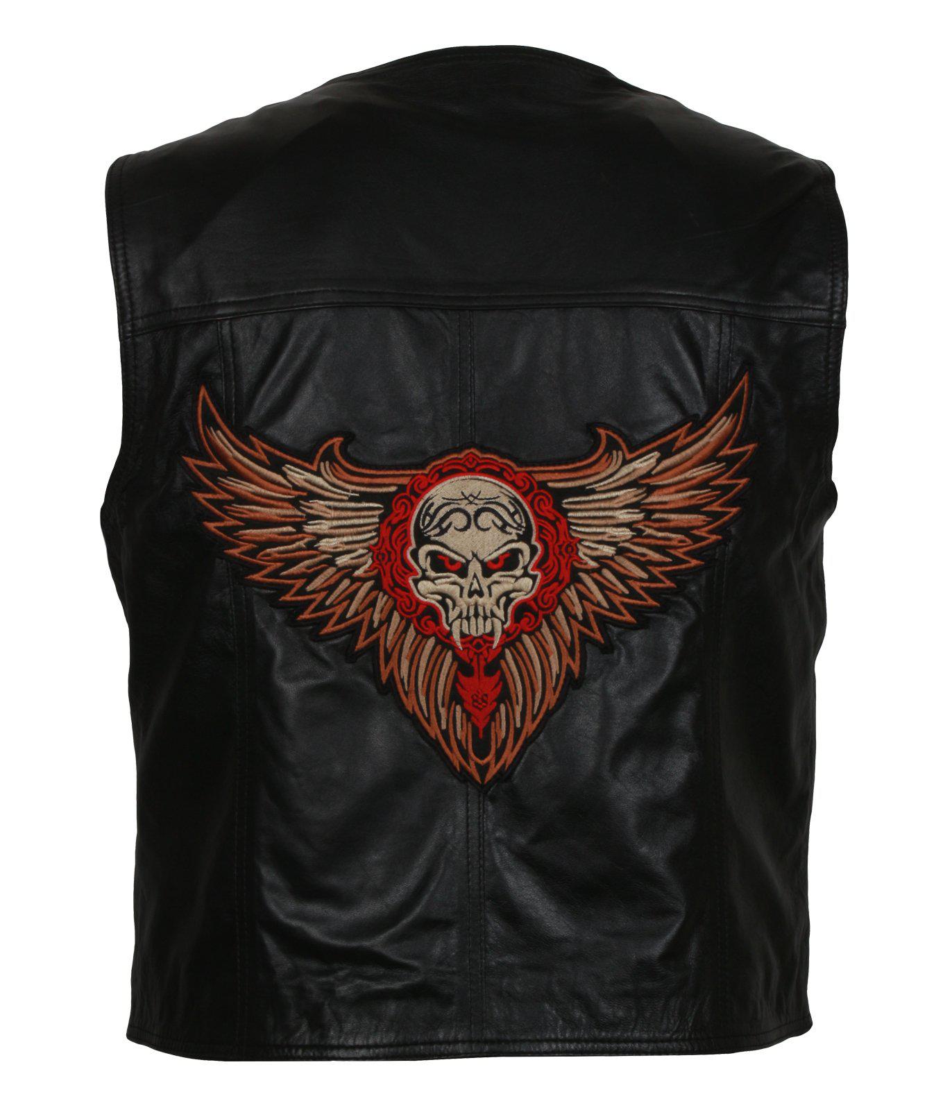 Men's Skull Embroidered Black Motorcycle Genuine Leather Vest