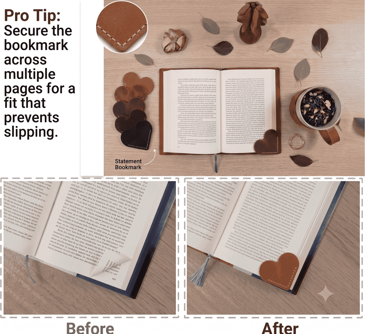 Genuine Leather Heart Bookmarks 12-Pack, showing use cases on book pages