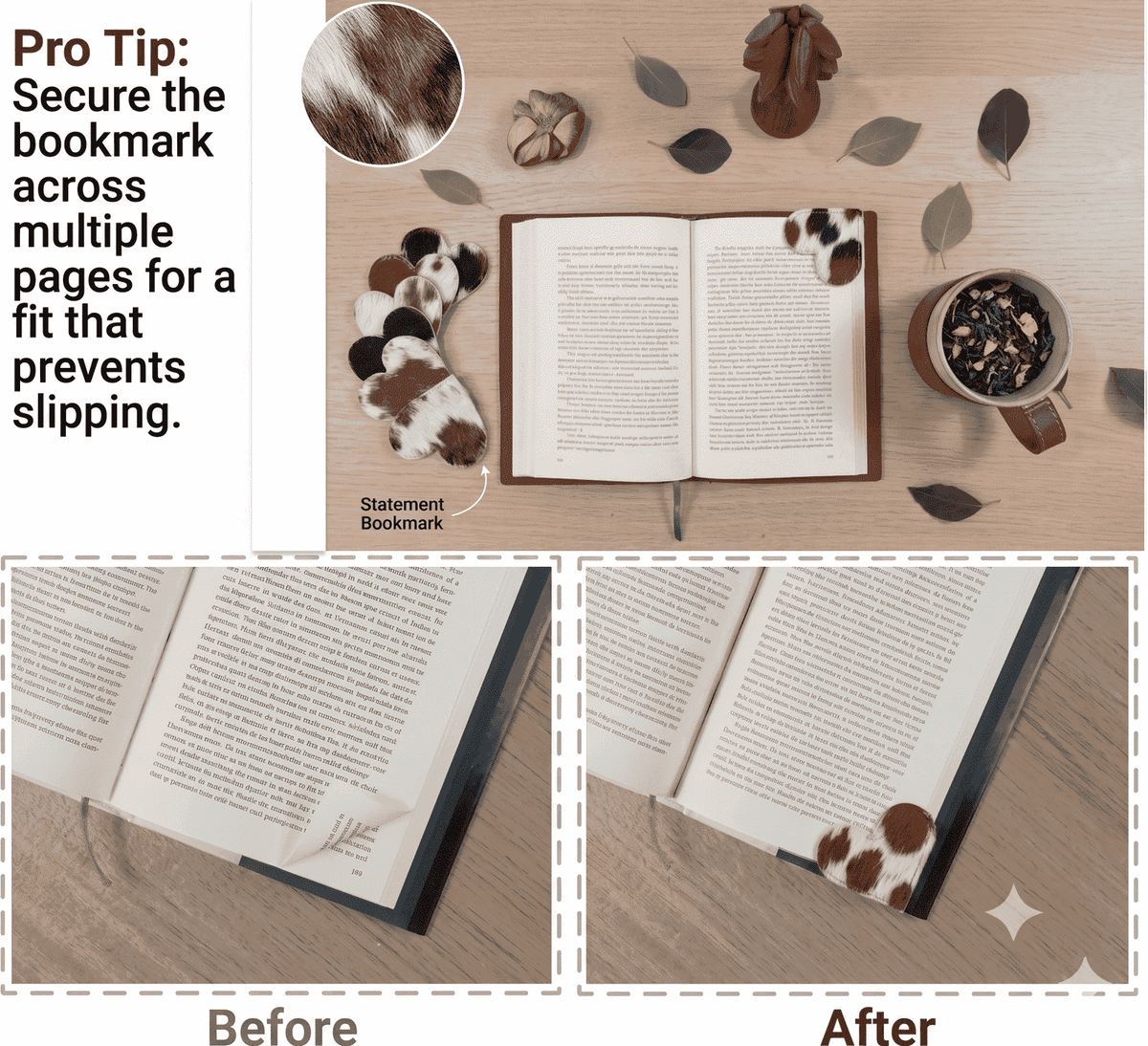Cowhide Leather Heart Bookmarks 12-Pack, showing use cases on novel pages