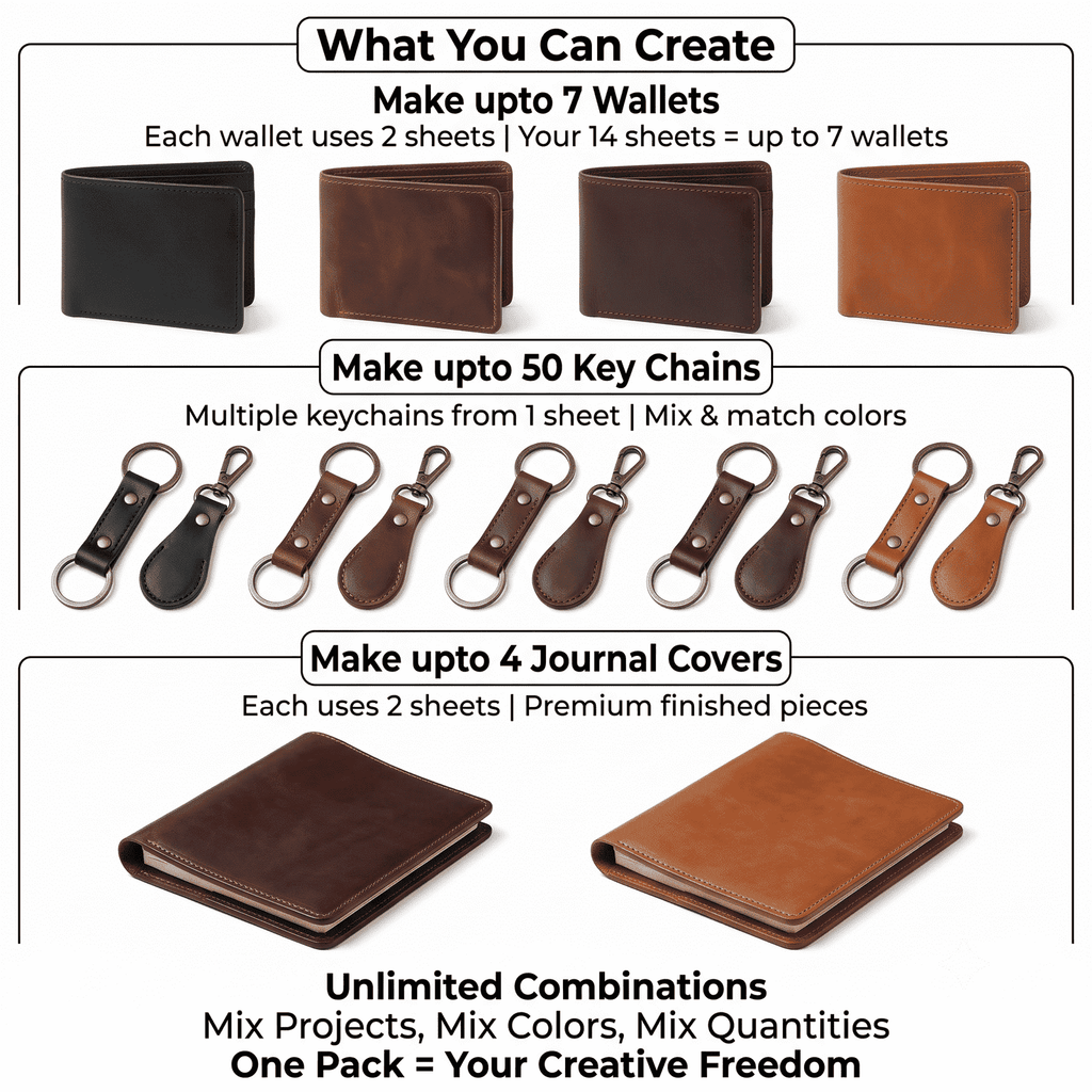 Crazy Horse Leather Squares 6x6 14-Pack, showing wallet and EDC craft use cases
