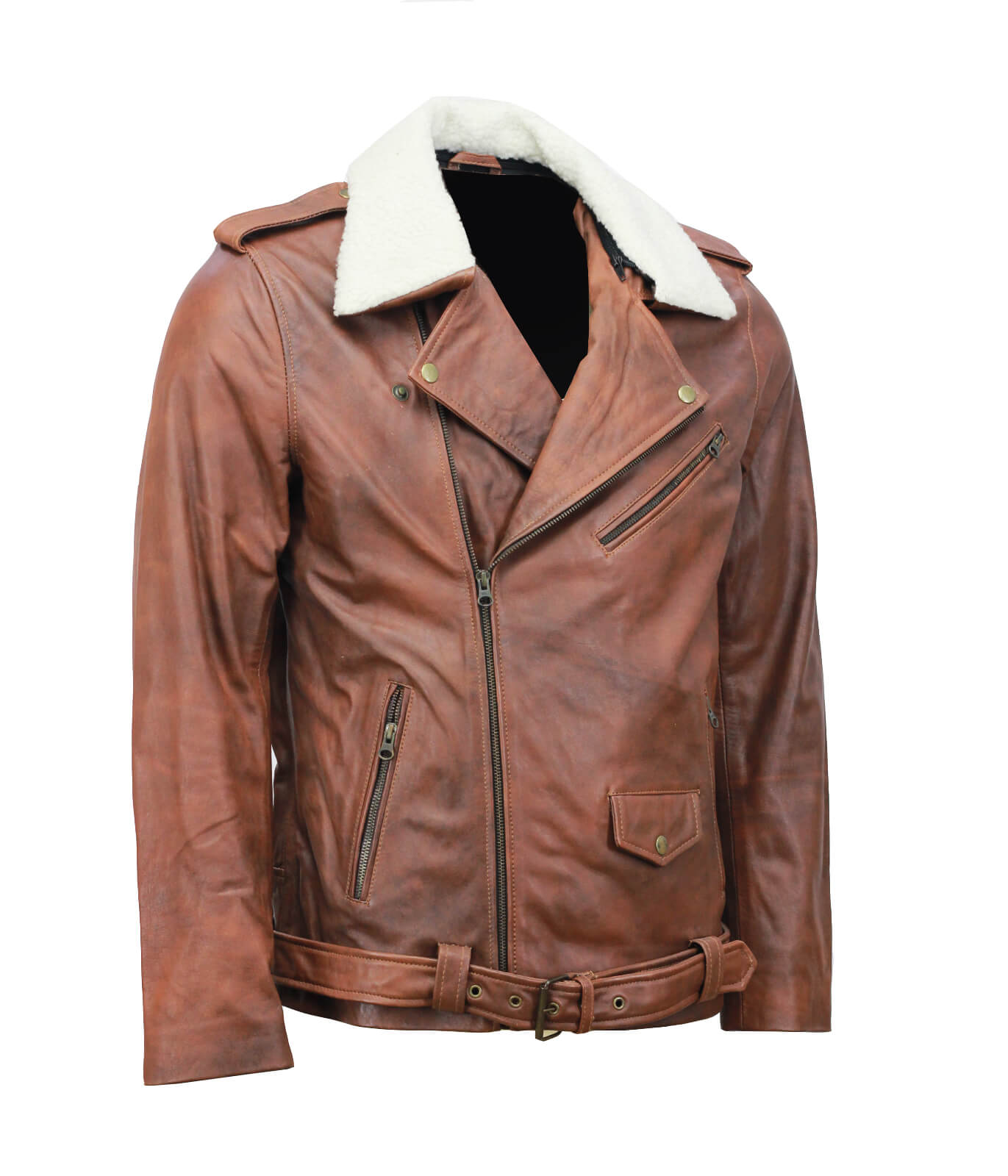 Vintage Brown Motorcycle Leather Jacket with Fur Collar
