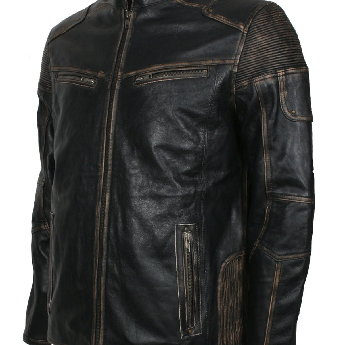 Distressed Leather Biker Jacket for Men in Black